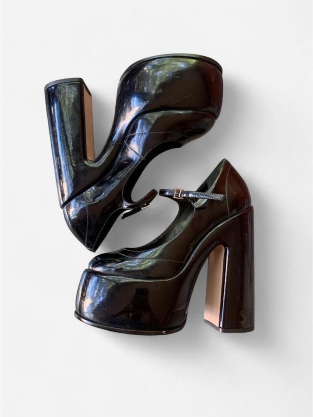 Shiny Black Patent Platform Mary Jane Pumps with Ankle Strap